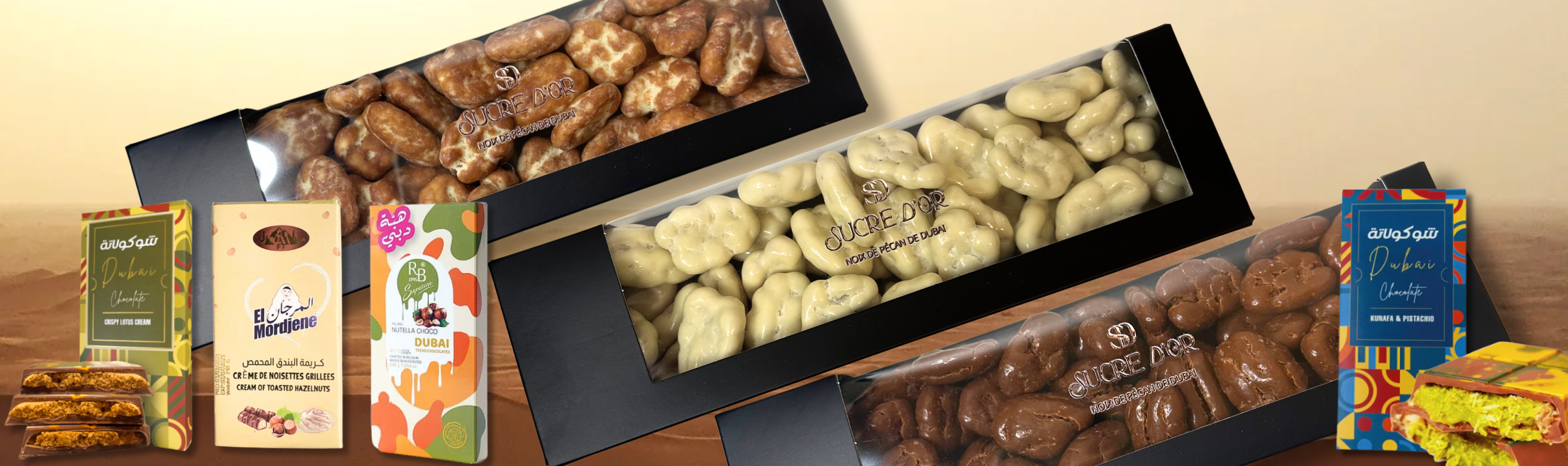 Noix de pécan enrobées et tablette de chocolat importées directement de Dubaï